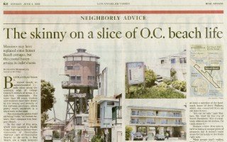 Newspaper article “The skinny on a slice of O.C. beach life” with a photograph of beachside homes.
