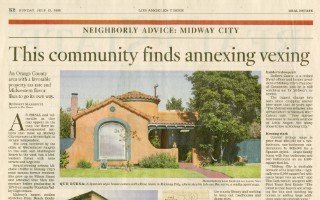 Newspaper article “This community finds annexing vexing” with a photograph of an arched entrance.