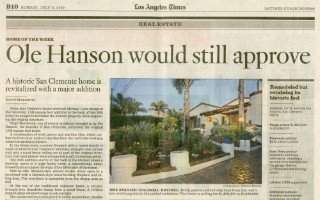 Newspaper article “Ole Hanson would still approve” with a photograph of a San Clemente home.