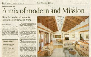 Newspaper article “A mix of modern and Mission” with a photograph of a home’s interior.