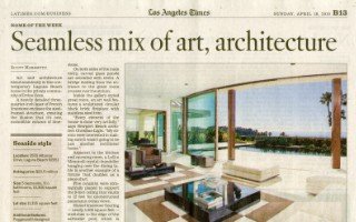 Newspaper article “Seamless mix of art, architecture” with a photograph of a modern living area.