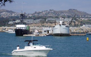 Boats in a harbor with the A.C.E. fishing boat in the background.