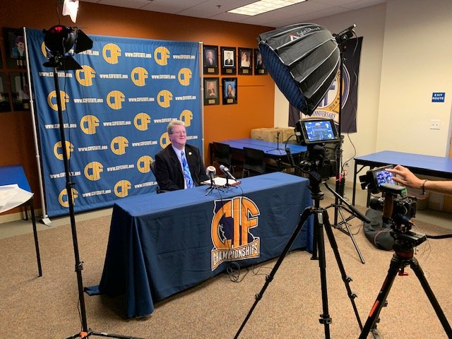 Marshootz Productions – CIF Championships Interview An interview filmed at a CIF Championships press table with cameras and studio lights.