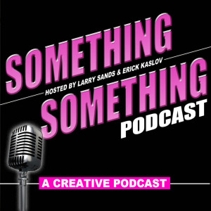 Something Something Podcast – Cover Artwork Something Something Podcast cover with pink lettering and a microphone illustration.